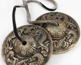 Tingsha. Tibetan Buddhist Small Cymbals. Music, Instrument Dragon. 8 Auspicious symbols or Mantra