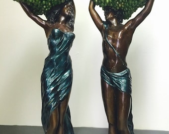 European Bronze Jardiniere Vintage Blackamoores 42" Tall 2Pc Set