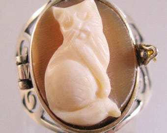 Cat Cameo Poison Locket Ring Sterling Silver Hand Carved Shell Size 8