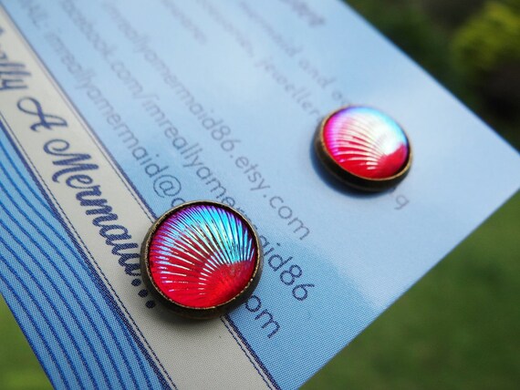 Pink / Red AB Clamshell Stud Earrings Studs Mermaid Tiny Little Clam Shell Seashell Tail Scale Scales Iridescent Earring Aura