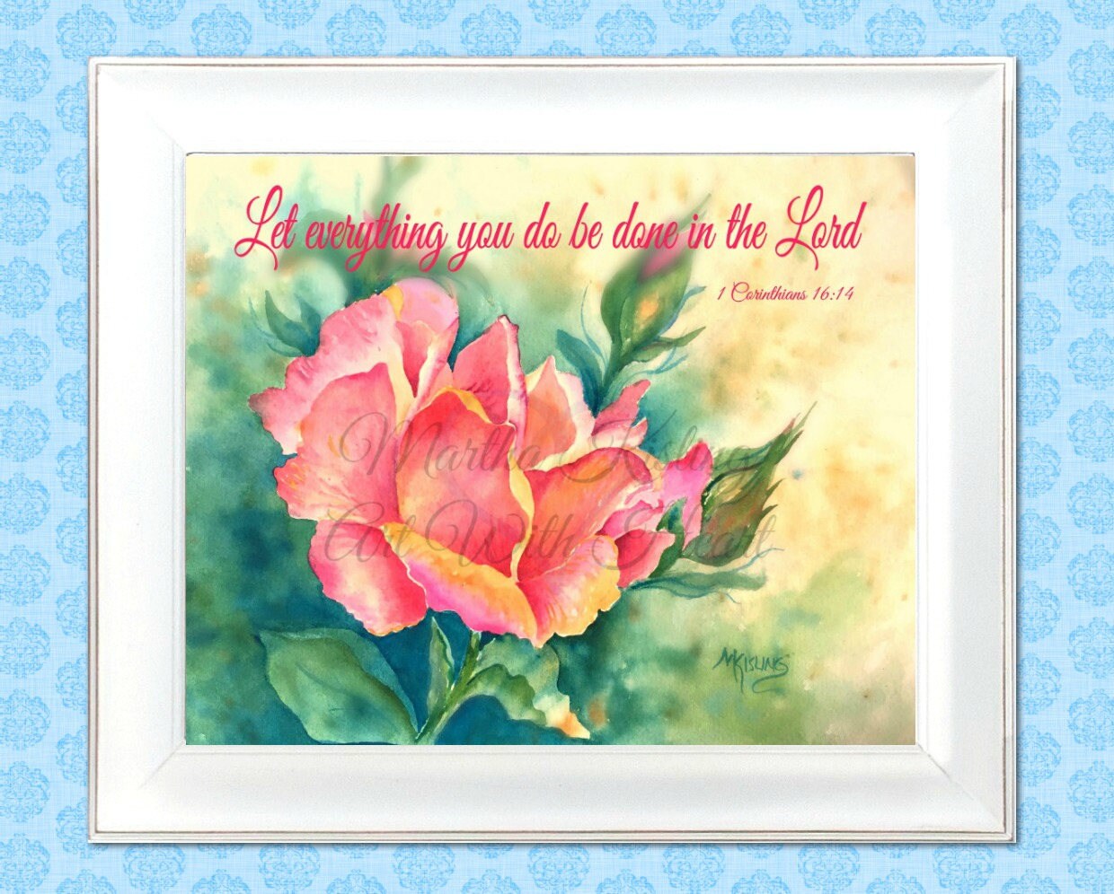 DIGITAL PRINT Peach Rose Bible Verse Printable Watercolor
