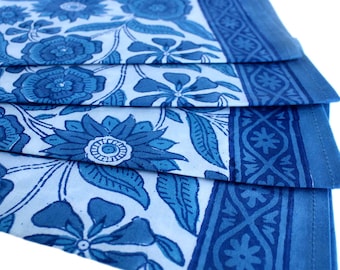 Wood-Block Printed Blue Sunflower Napkins sold in Sets