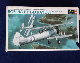 Vintage Model Airplane Kit Boeing PT-13D KAYDET Navy N2S-5 by Revell from 1966 Ready to Assemble Plastic Model Kit