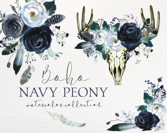 Download Navy Blue White Peonies Roses Watercolor Boho Floral Clipart