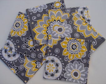 Fabric Coasters Yellow Grey Floral Mod Flowers Six