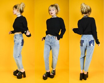 Blue Denim High Waist Mom Jeans Custom Clear PVC Pockets S