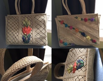 Vintage 1960s Reversible Floral Straw Purse