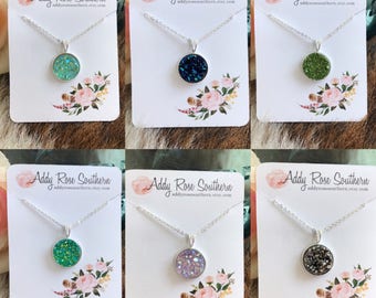 12mm druzy necklace in silver, druzy necklace, druzy jewelry, silver druzy necklace, blue druzy necklace, rose gold druzy necklace