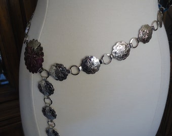 Vintage Southwestern Style Nickel Silver Concho Belt, Maximum Length 36", Adjustable