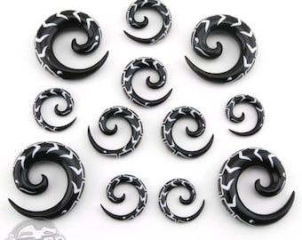 Black Horn Spirals Abalone Shell Inlay - Sizes / Gauges (6G, 4G, 2G, 0G, 00G)