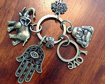 Keychain, Yoga Keychain, Hamsa Hand Keychain, OM Keychain, Buddhist Keychain, Elephant Keychain, Love Keychain