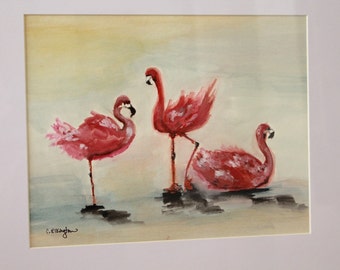 Trio of Flamingos, Gouache ORIGINAL art