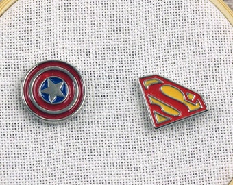 Super Hero Needle Minders | American Hero Shield Needle Holder | Magnetic Superman or Captain America Glazed Enamel Needle Nanny