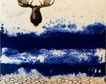 Original Artwork-mixed media encaustic- Blue Moose