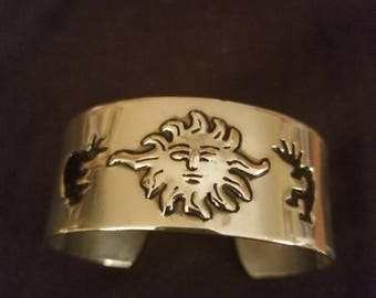 Sterling silver bracelet,Sterling silver cuff Southwest theme,sun,kokapelli