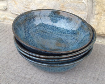 Set of 4 Blue, Wheel thrown stoneware, pottery bowls