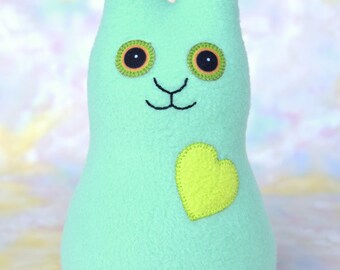 Handmade Bunny Rabbit Stuffed Animal, Aqua, Bright Lt Green Fleece, Handmade Plush Kids Baby Doll Toy, Hug Me Bunny, Personalized Tag, 9 in