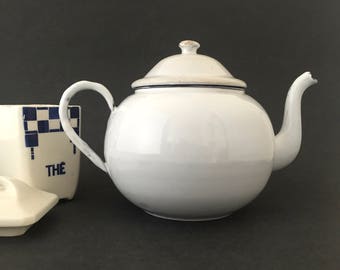 Vintage White Teapot European Enamelware Farmhouse Kitchen Decor