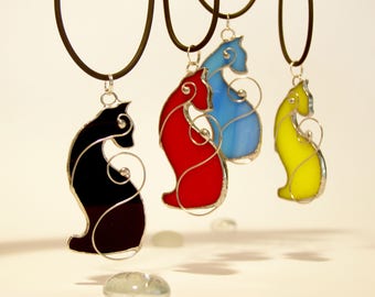 Cat Ornament, Cat Lover Gift, Stained Glass Cat, Cat Pendant Necklace, Holiday Gift, Black Cat Jewelry,Little Animal Decor, Christmas Gift