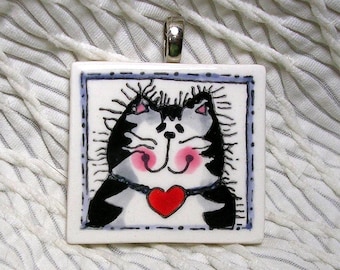 Striped Tabby Cat Pottery Pendant / Slide With Silvertone Bail Handmade by GMS