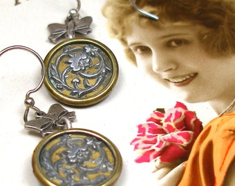 1800s Antique BUTTON earrings, Victorian flowers on silver. 1.5" Unique present, gift.