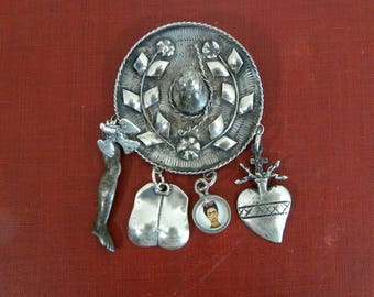 Frida Kahlo Pin, Vintage, Sterling, Mexico, Handmade, Milagros, Brooch,Flaming Heart