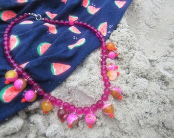 Fuschia and Orange Fire Agate Gemstone Statement Necklace