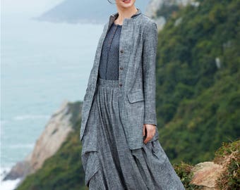 Gray linen tailored suit,Winter Coat , gray coat , Linen coat , women coat , long Coat , Winter Coat Woman , Linen Jacket ,