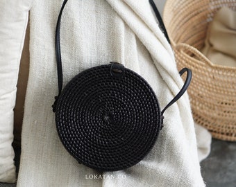 Black Plain Handwoven Round Rattan Beach Bag Bali - Natural Ata Grass Shoulder Bag With Round Pattern