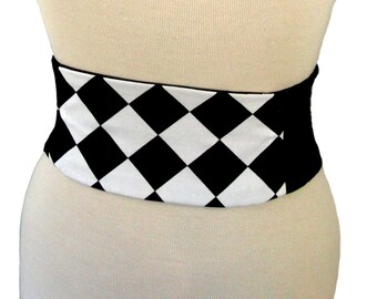 Harlequin Belt / Corset / Waist Cincher / Black and White Belt / Wedding Obi Belt / Offbeat Bride / Plus Size Cincher / Halloween Costume