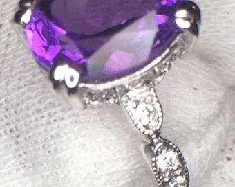 Amethyst, Diamond and 14k White Gold Statement Ring, Size 6