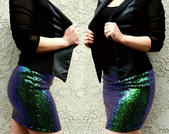 Iridescent Sequin Skirt - Stretchy, beautiful teal and blue mini. Ships asap! Very few left.