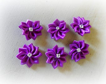 6 appliques 25 mm purple satin ribbon flower