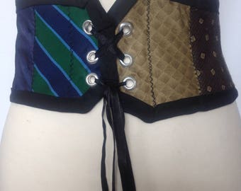 One of a kind upcycled Silk tie corset style belt. Free shipping within Canada!