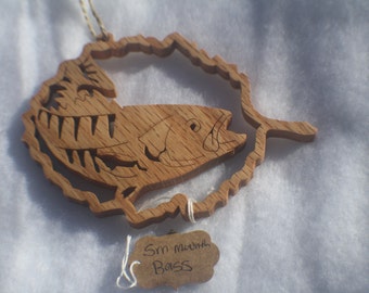 Fishing Art, Handmade Wood Ornament , Fishing, Small Mouth Bass, Fathers Day, Gift for Fisherman, Scroll Saw Art, Fish Art, Wood Ornament