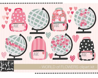SCHOOL SUPPLIES geography clipart. Globes, backpack, heart clip art for teacher cards, invitations, wall art.