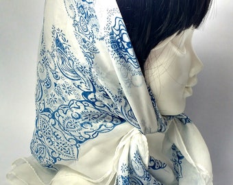 Vintage Blue and White Silk Scarf with Paisley Print