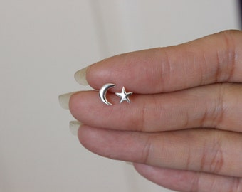 Sterling Silver Moon and Star Stud Earrings, Tiny Earrings, Crescent Moon Earrings, Star Earrings, tiny stud earrings, cute earrings