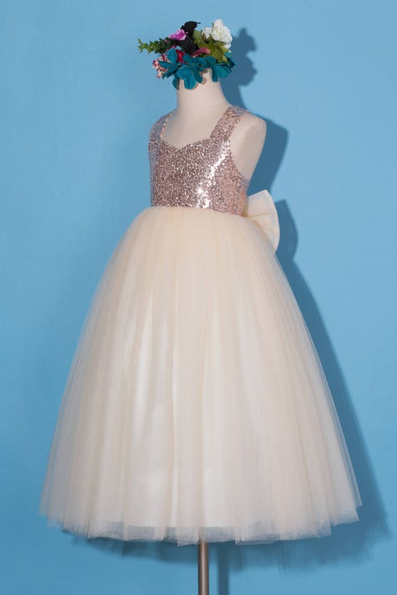 Rose Gold Flower Girl Dress Sequins Pageant Girls Party Birthday With Tulle Bow Rose Gold Flower Girl Dress Sequins Pageant Girls Party Birthday With Tulle Bow