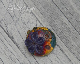 Rainbow Garden, purple flower, Lampwork cabochon, glass cabochon, handmade