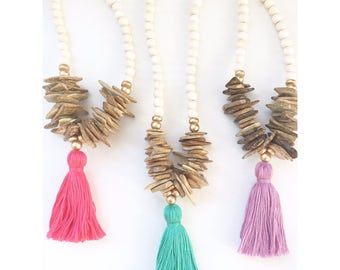 Wood Chip Beaded Tassel Necklace - Beaded Tassel Necklace - Long Tassel Necklace