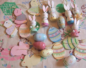 cute pastels wooden eggs, bunnies, and chicks