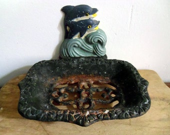 Bathroom soap dish. Vintage French cast iron table soap dish, bathroom decor accessory soap holder. Vintage bathroom dolphin decor.