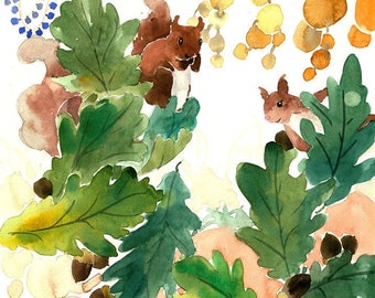 Squirrel Painting, Squirrel Watercolor, Squirrel Print, Squirrel Art, Squirrel Nursery