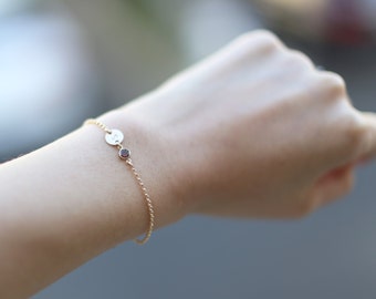 Personalized Initial Disc Bracelet with Garnet CZ / January Birthstone Bracelet Gift //January Birthday Gift for Her