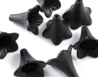 4 pieces -Large Frosted Matte Black Lucite Trumpet Flower Beads - 23mm