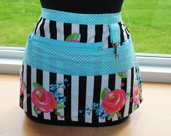 Handmade Vendor Apron Utility Craft Farmers Market Black White Stripe Turquoise Polka Dot