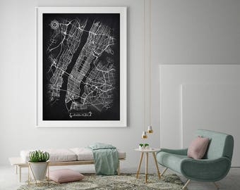 30% off MANHATTAN New York City Chalkboard 20"x30" stretched and ready to hang Map Art Black and White Map Wall Art Decor