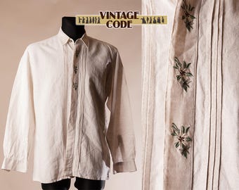 Men's Emobroidered Linen Trachten shirt / Long sleeve folk dirndl Mens shirt / Austrian German Folk shirt / size Medium to Large