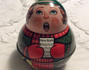 Vintage ROLY Poly Caroler Tin Container 1980s by Cheinco